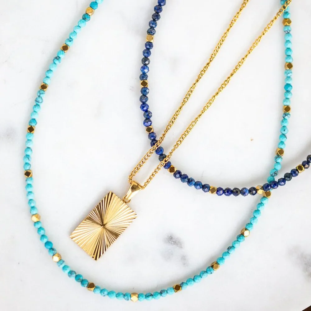 Dainty Gemstone Beaded Necklace Waterproof Gold Beads Turquoise or Lapis Lazuli